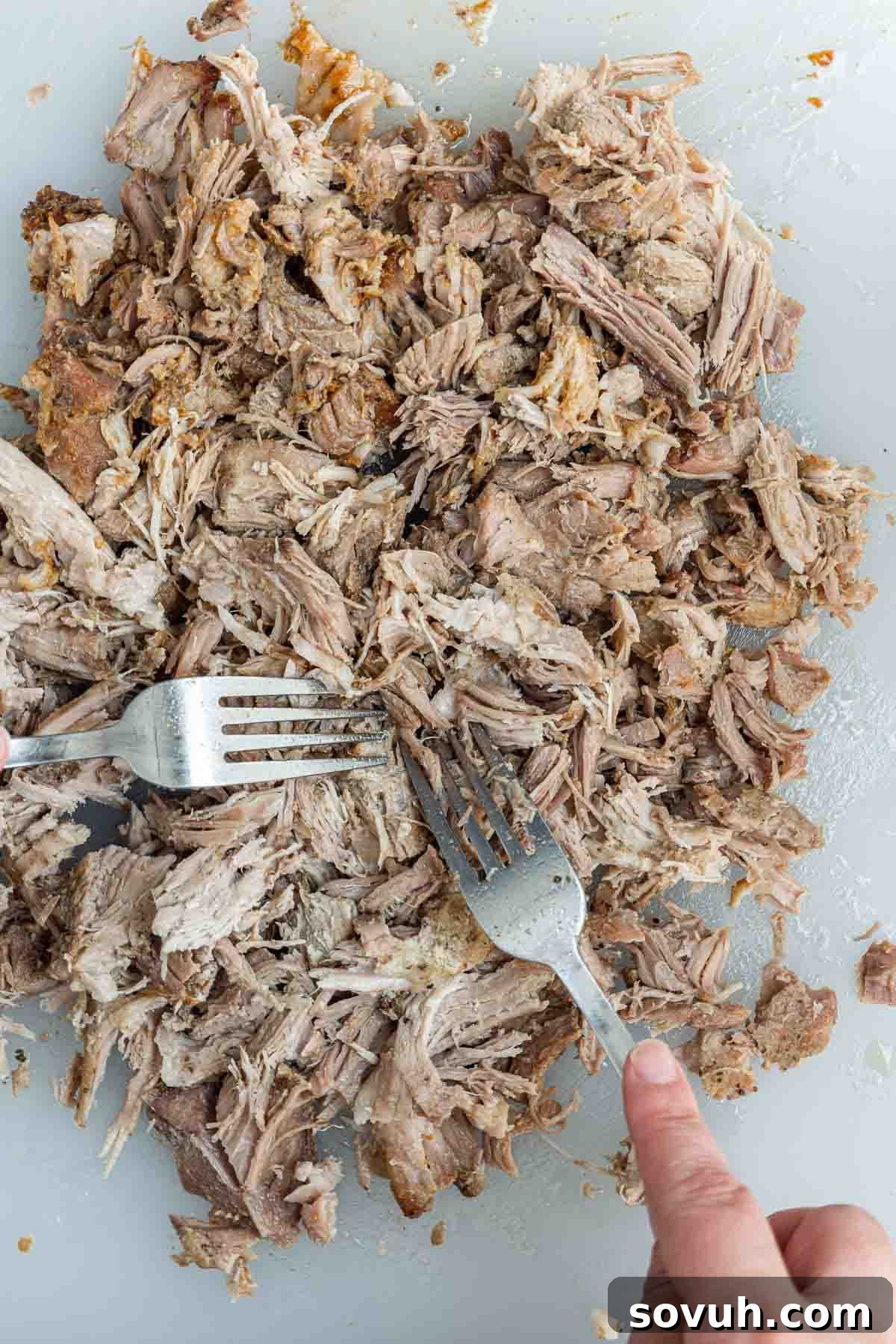 Slow Cooker BBQ Pulled Pork actively being shredded with two forks on a cutting board.