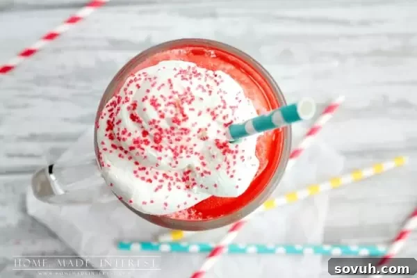 Overhead close-up view of a beautifully prepared Kool-Aid Slushie Ice Cream Float, showcasing the distinct layers of slushie, ice cream, and whipped cream.