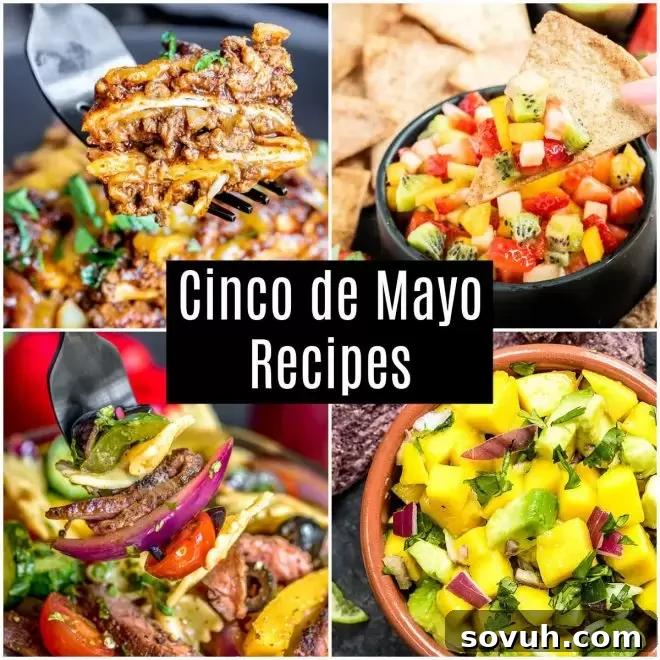 Collage of colorful Tex-Mex dishes for Cinco de Mayo, including chips and salsa, enchiladas, fajitas, and quesadillas