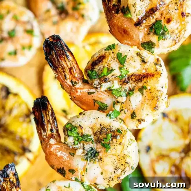 Citrus Marinated Grilled Shrimp skewers, perfectly cooked and glistening, ready to serve.