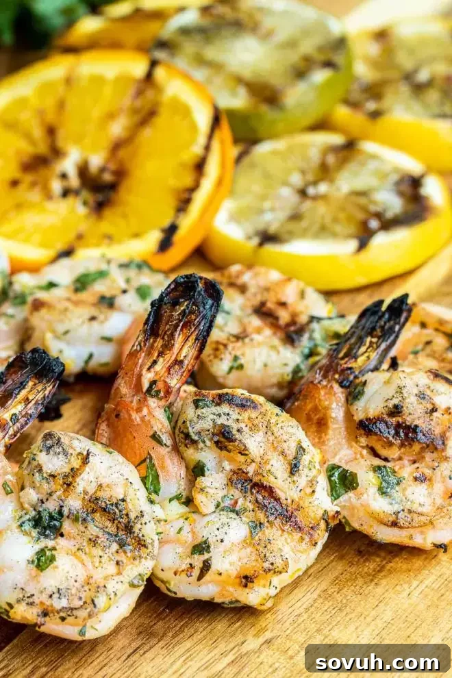 Fresh ingredients for citrus marinade including shrimp, whole oranges, lemons, limes, green herbs, garlic, and ginger on a rustic wooden board.
