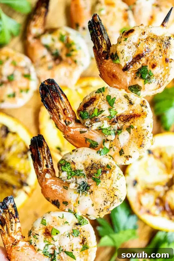 Close-up of Citrus Marinated Grilled Shrimp threaded onto a metal skewer, showing perfectly cooked, pink shrimp.