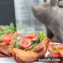 A close-up of the delicious BLT Bacon Cups, showcasing the crispy bacon and fresh filling. Perfect for your low-carb meal plan or as a party appetizer.