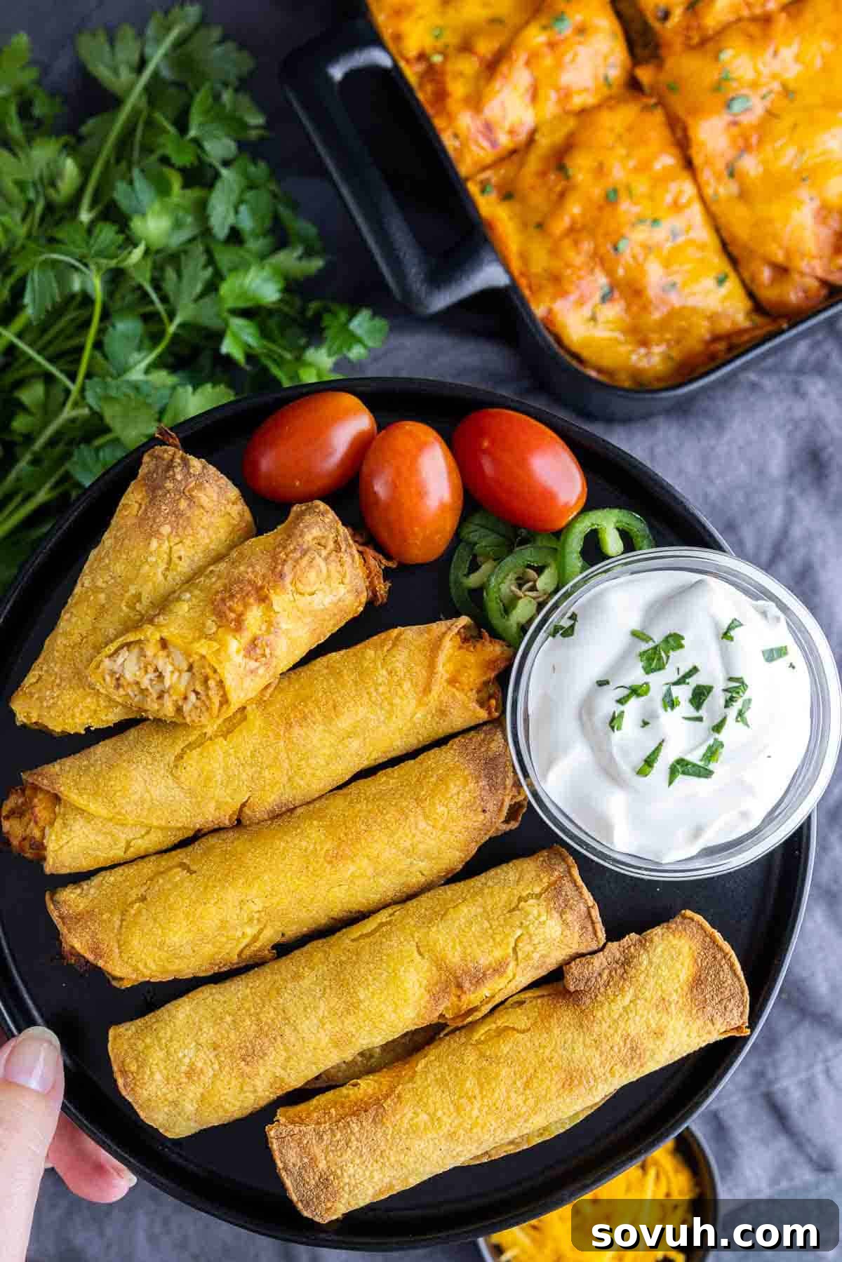 holding a plate of Air Fryer Taquitos