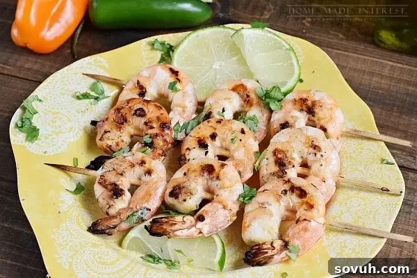 Grilled Tequila Citrus Shrimp skewers, ideal as a light meal or appetizer.
