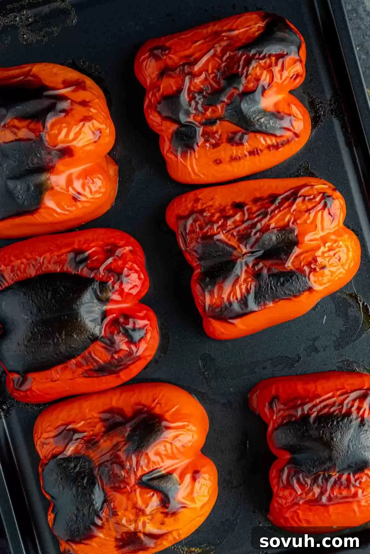 A perfectly roasted red bell pepper, beautifully charred and tender, ready to be incorporated into delicious recipes