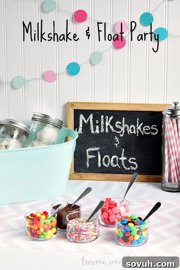 This milkshake and float bar was so fun! The kids and adults all loved picking out their favorite ice cream treats and toppings and creating their own milkshake or float. It was a great idea for an ice cream party.