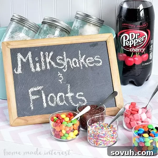 This milkshake and float bar was so fun! The kids and adults all loved picking out their favorite ice cream treats and toppings and creating their own milkshake or float. It was a great idea for an ice cream party.