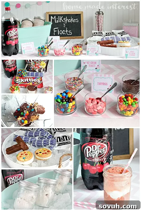 This milkshake and float bar was so fun! The kids and adults all loved picking out their favorite ice cream treats and toppings and creating their own milkshake or float. It was a great idea for an ice cream party.