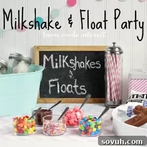 This milkshake and float bar was so fun! The kids and adults all loved picking out their favorite ice cream treats and toppings and creating their own milkshake or float. It was a great idea for an ice cream party.
