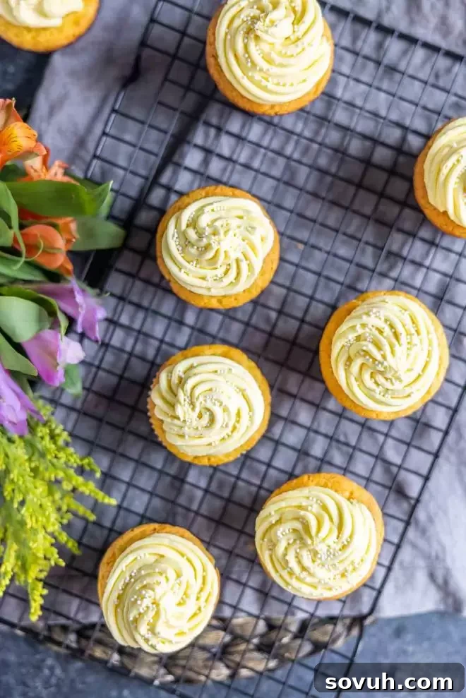 Top-down view of several lemon cupcakes arranged on a cooling rack, showing their frosted tops.