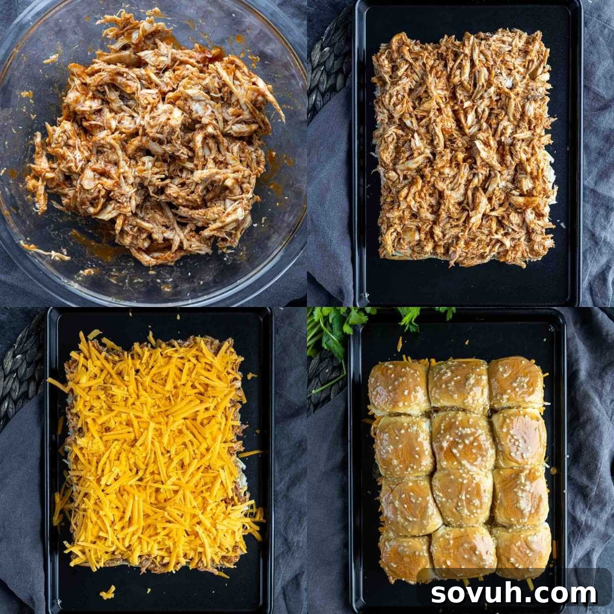 Four-step process of making BBQ chicken sliders: mixed chicken in a bowl, chicken layered on bread, cheese added on top, and completed sliders with tops on a baking sheet.
