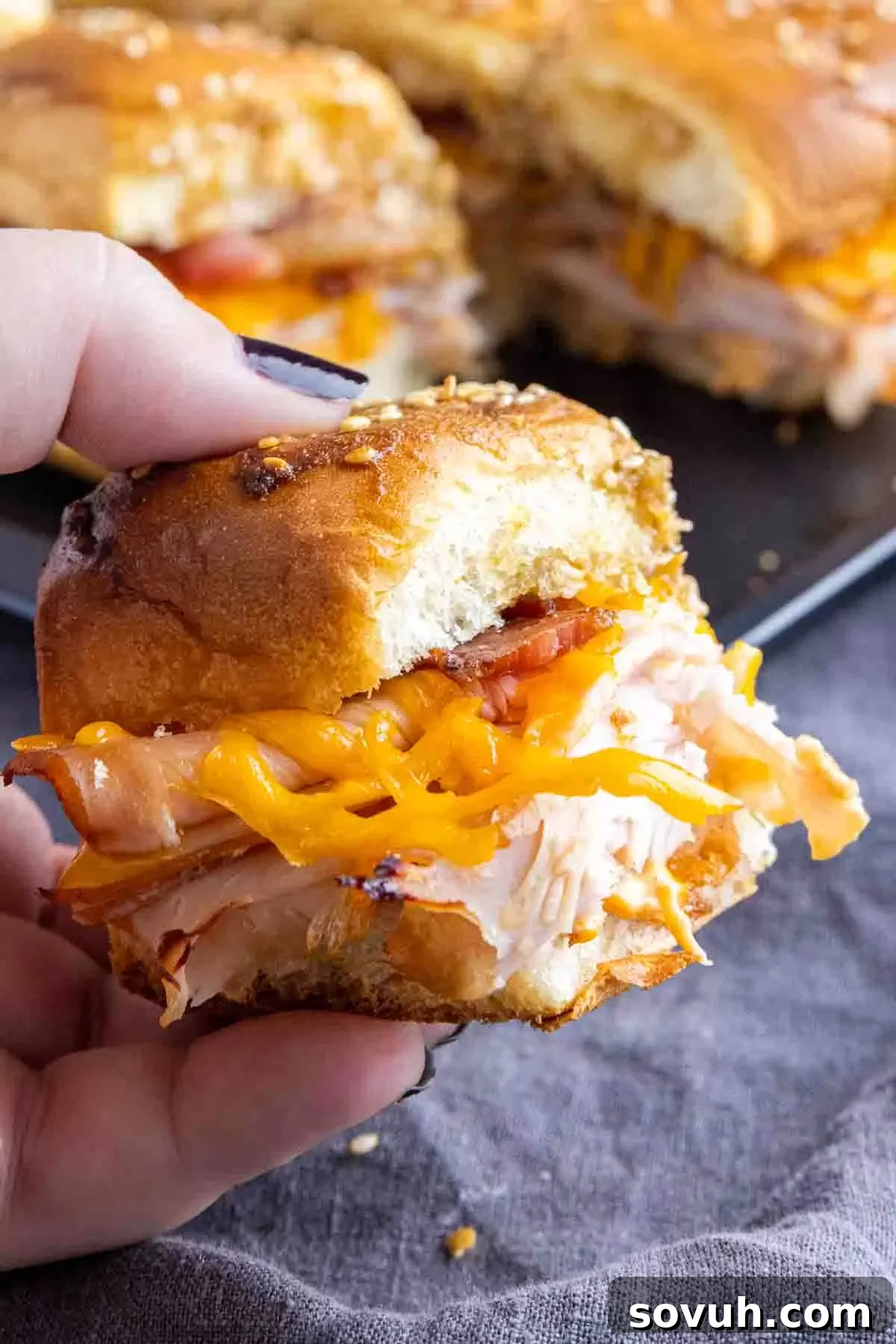 Holding a delicious Turkey Slider, highlighting its perfect handheld size.