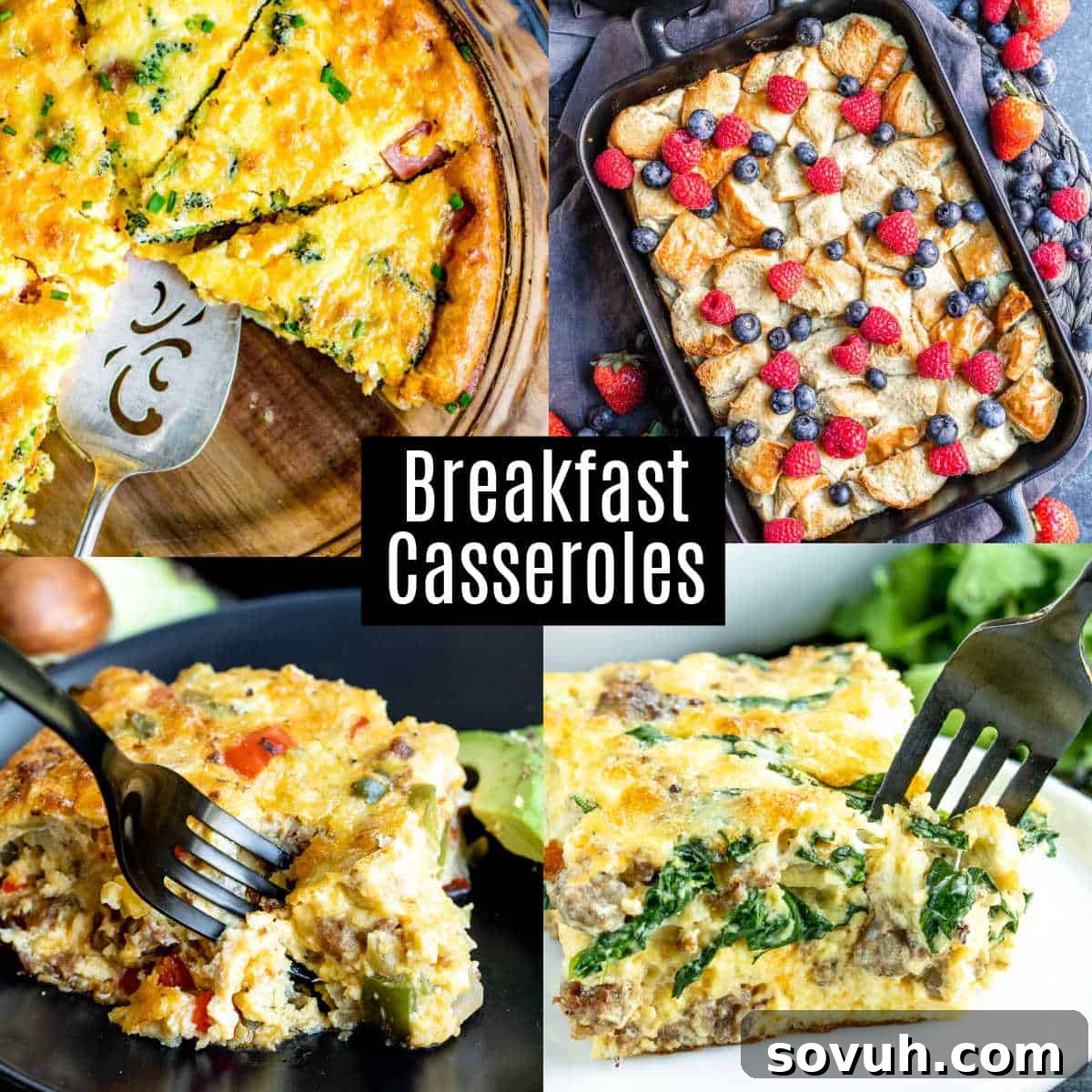 A vibrant collage of various breakfast casserole recipes, showcasing French toast bakes, savory egg and sausage options, and keto quiches, perfect for inspiring morning meals.