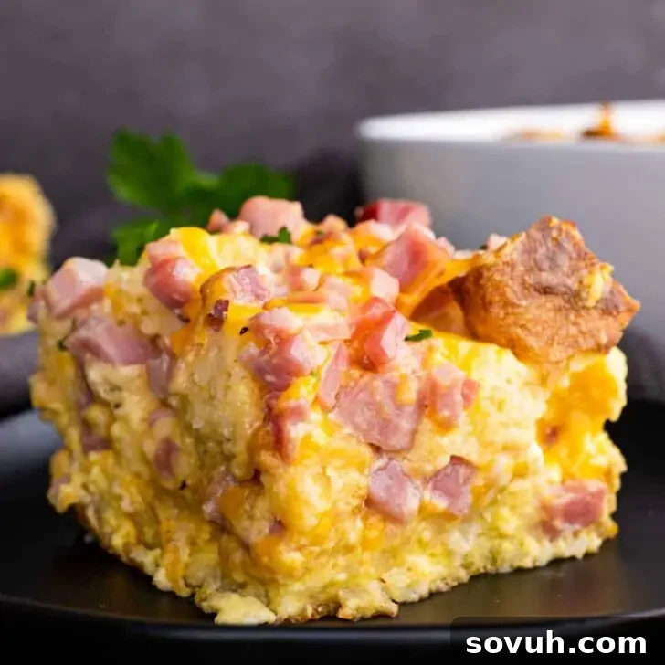 A plate of golden-brown Ham and Cheese English Muffin Breakfast Casserole with a fork, ready to be enjoyed.