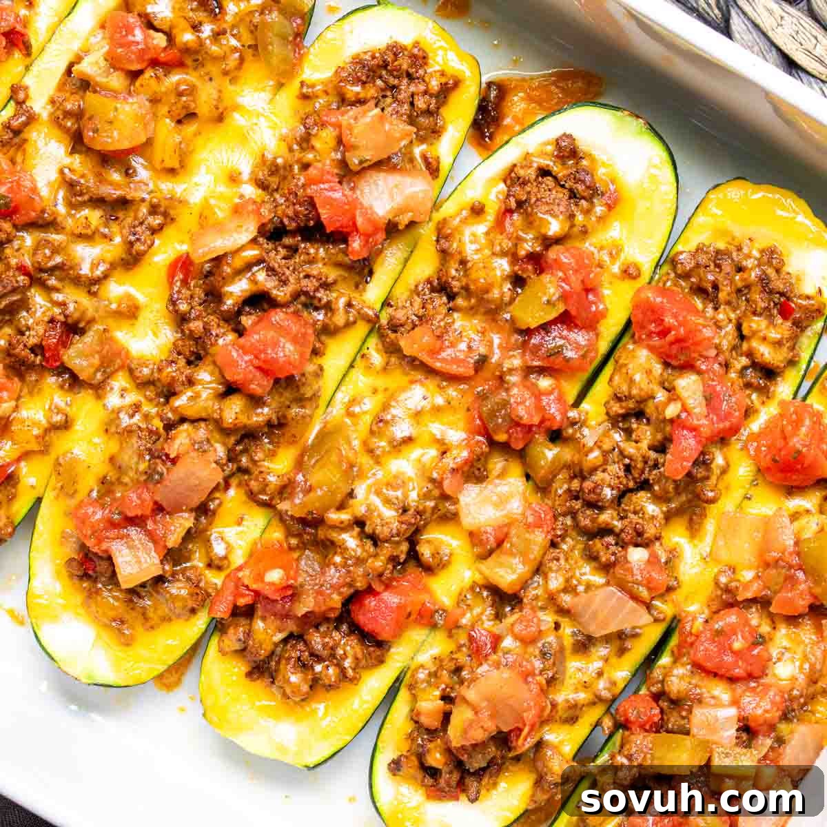 Rotel topped Taco Zucchini Boats - a delicious keto and low-carb meal idea