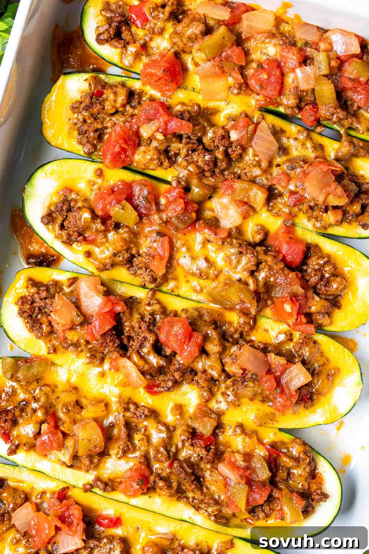 Taco Zucchini Boats with ground beef and melted cheese