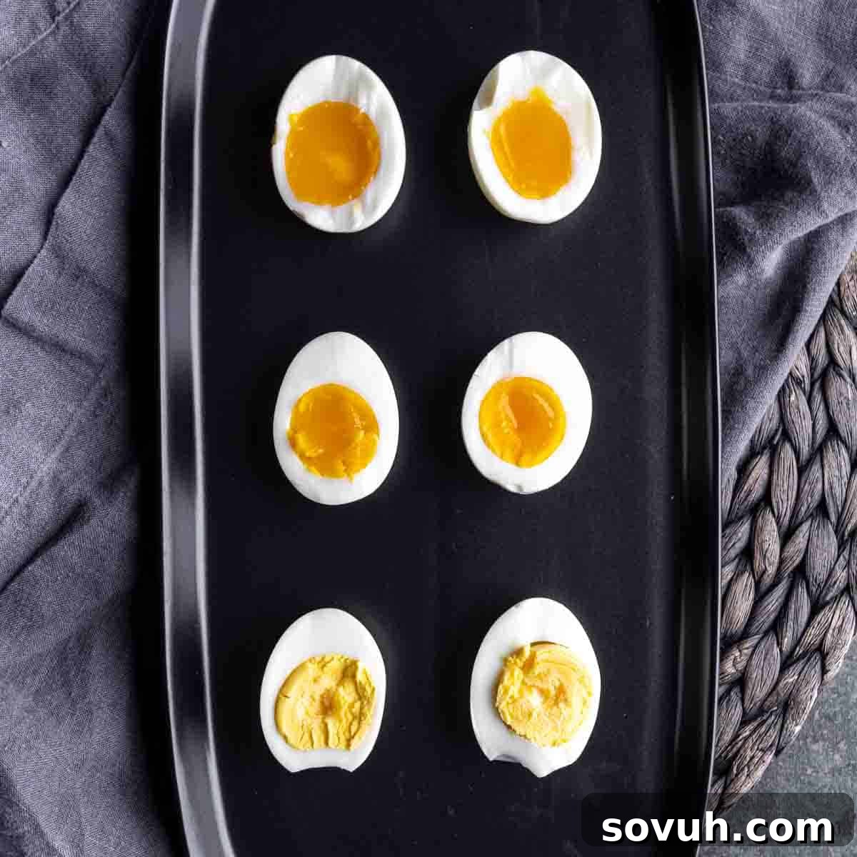 overhead view of air fryer eggs in a basket