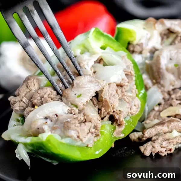 Homemade Low Carb Philly Cheesesteak Stuffed Peppers ready to serve