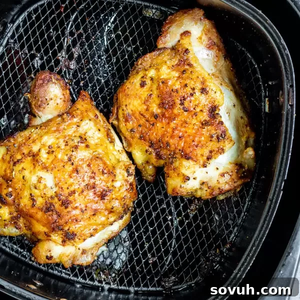 Air Fryer Chicken Thighs in air fryer basket, showing their beautifully browned and crispy skin.