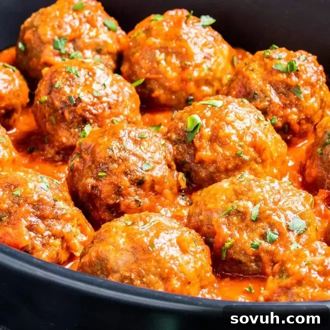 Air Fryer Meatballs served with marinara sauce, garnished with fresh parsley.
