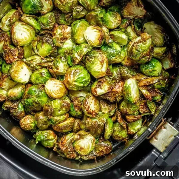 Crispy Air Fryer Brussels Sprouts made in minutes in the air fryer, showing their caramelized edges.
