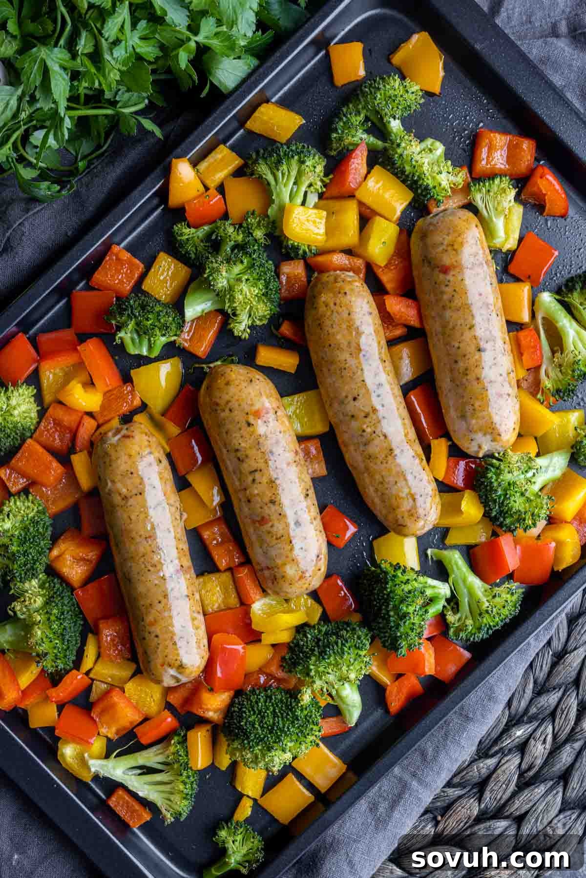 How to Cook Chicken Sausage on a sheet pan with chopped veggies