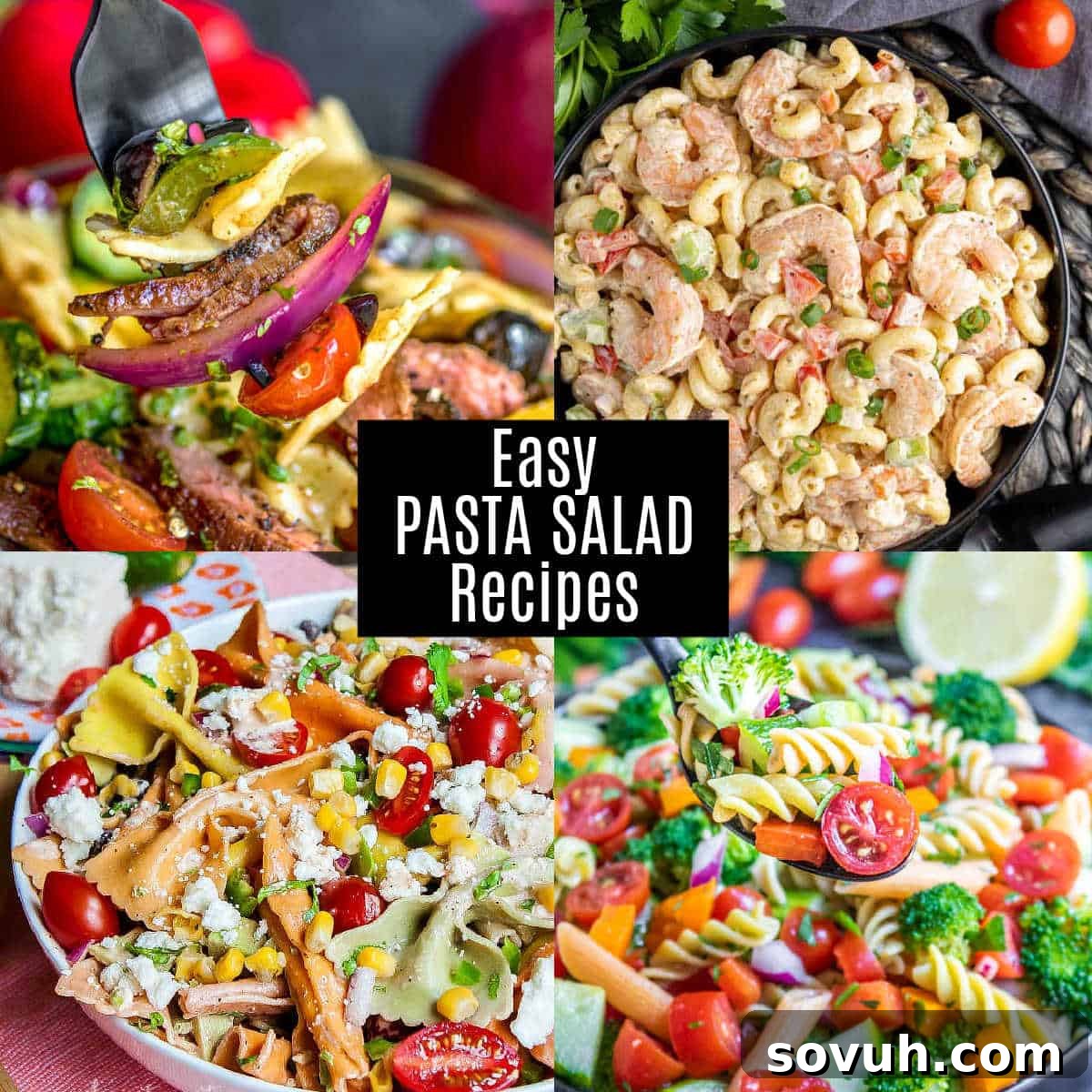 A vibrant collage of various easy pasta salad recipes, showcasing diverse ingredients and colors perfect for summer meals and gatherings.