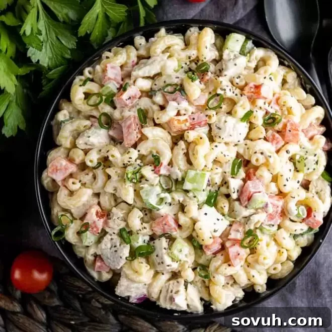 black bowl of Chicken Macaroni Salad