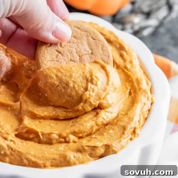 A hand dips a round cookie into a bowl of creamy pumpkin dip.