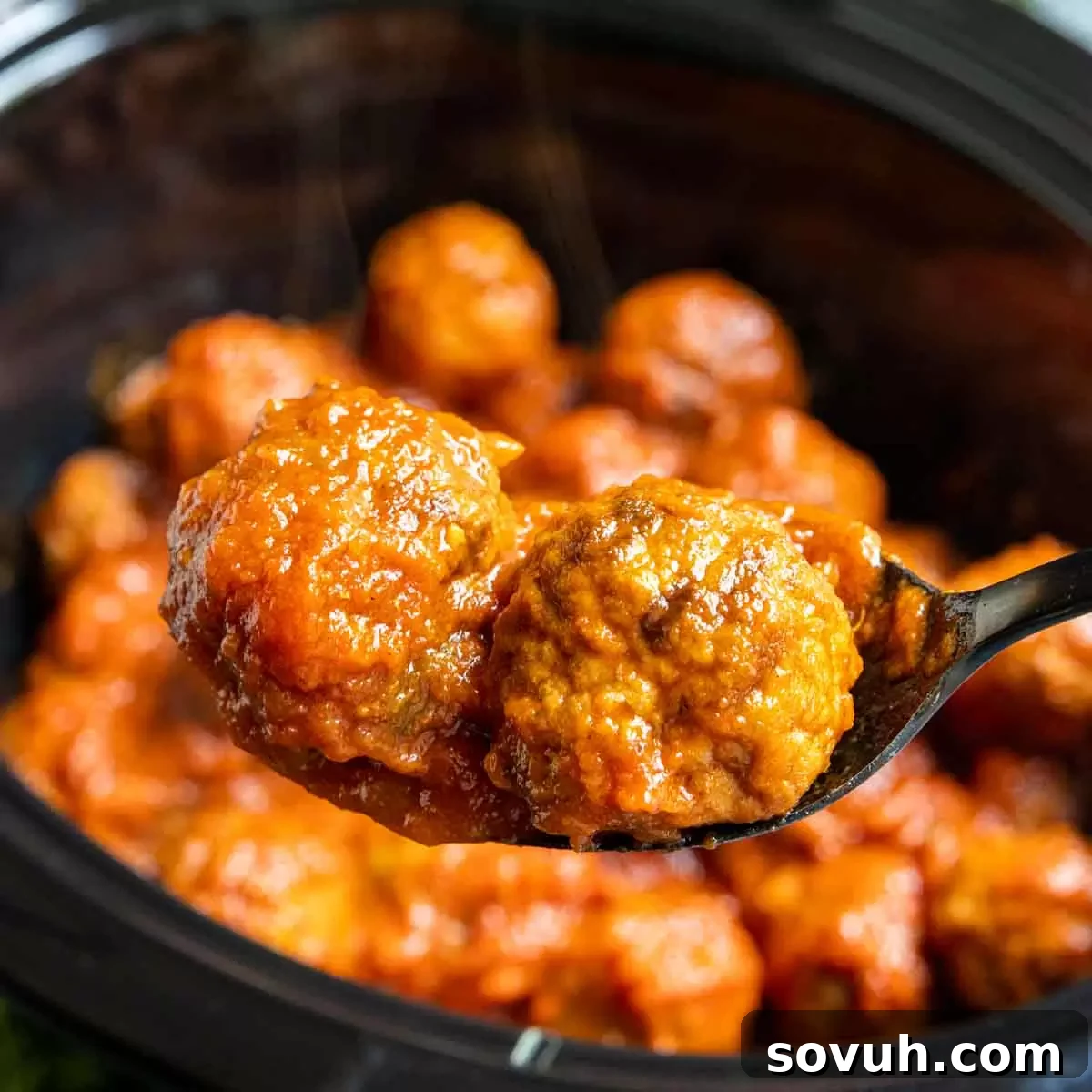 Frozen Meatballs in the Crock Pot on a spoon