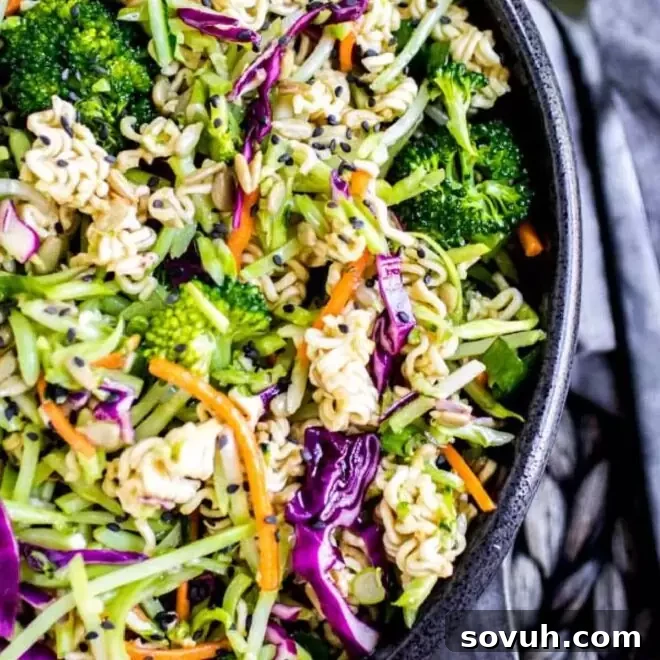 A vibrant and crunchy Ramen Noodle Salad served in a large, inviting bowl.