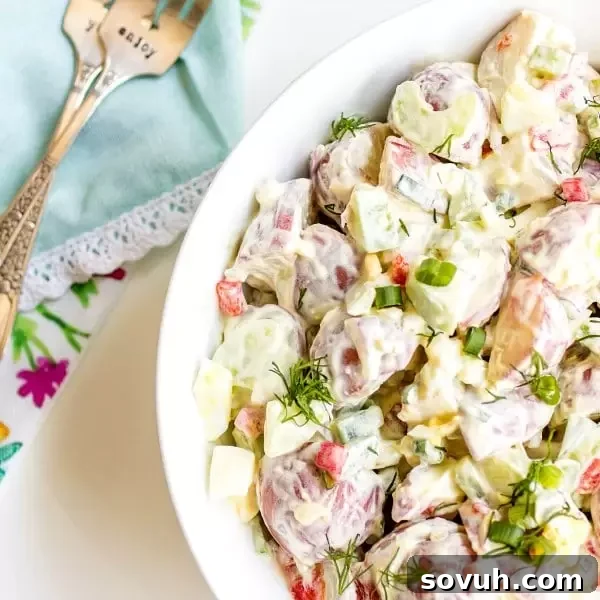 A beautifully presented Sour Cream Potato Salad in a serving bowl, showcasing its creamy texture and fresh ingredients.