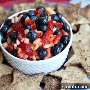 Colorful Summer Fruit Salsa featuring blueberries, apples, and strawberries.