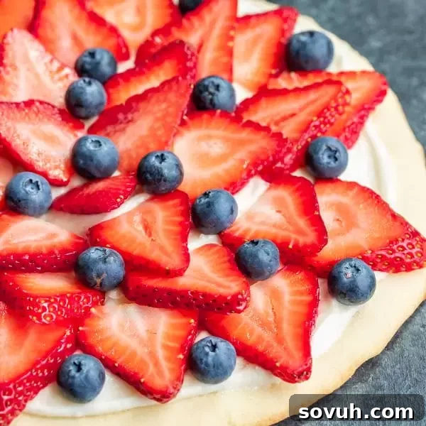 A festive Red, White & Blue Fruit Pizza, perfect as a July 4th dessert.
