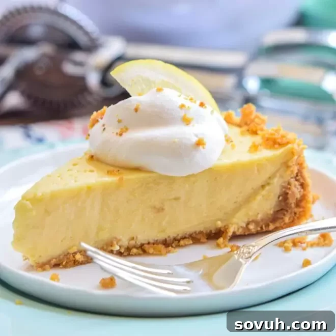 A delectable slice of Lemon Icebox Pie on a plate, garnished with fresh fruit and a fork.