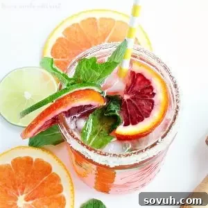 Top-down view of a vibrant Blood Orange Mojito, garnished with fresh mint and citrus slices.