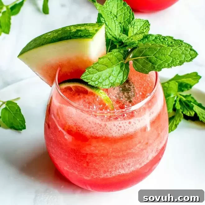A frosty Frozen Watermelon Cocktail served in a elegant glass, perfect for cooling down on a hot day.