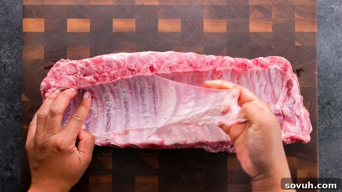 Close-up image of a St Louis-Style Ribs with silk skin removal