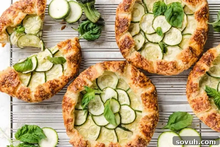 Four zucchini galettes on a cooling rack, each topped with thinly sliced zucchini and fresh basil leaves. Some additional basil leaves are scattered around the rack.