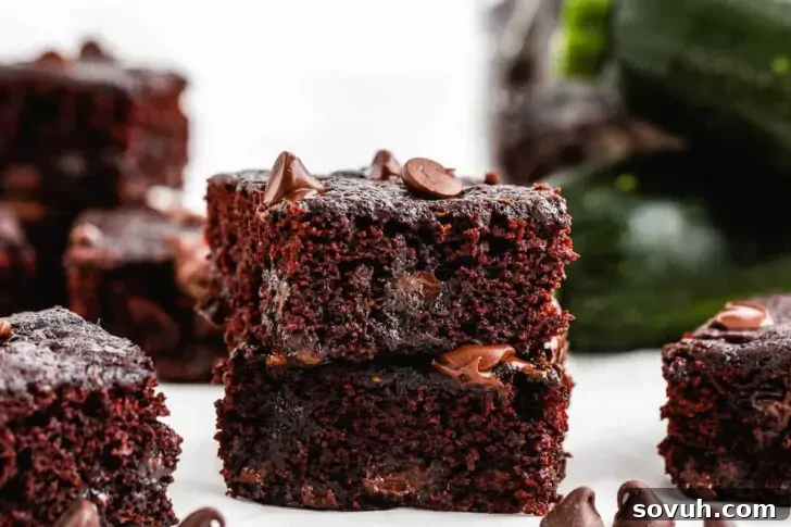 A stack of two chocolate brownies with chocolate chips on top, placed on a white surface.