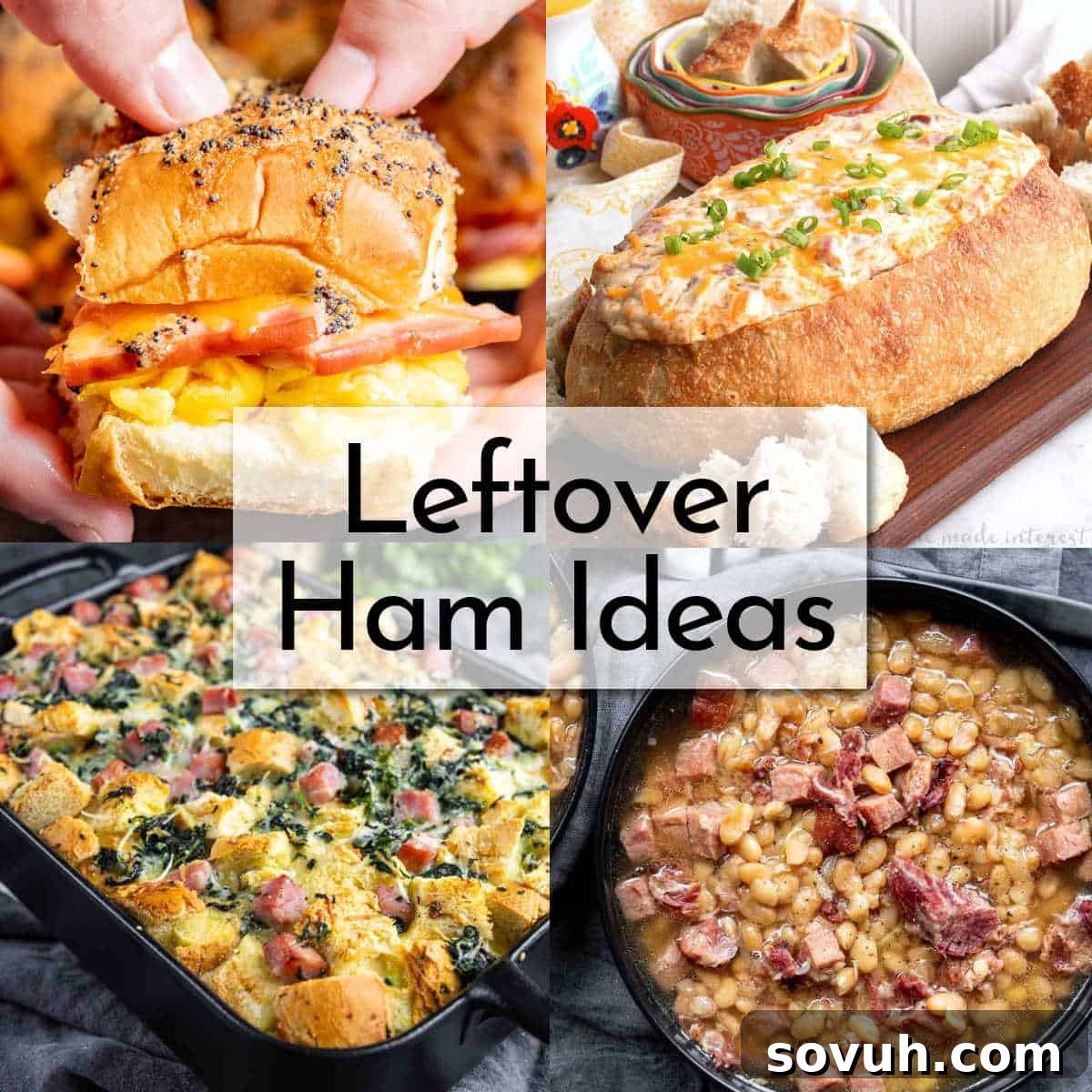 A vibrant collage showcasing various creative dishes made from leftover ham, including a comforting soup, a hearty casserole, and delicious mini sliders, arranged appealingly on a rustic wooden surface.