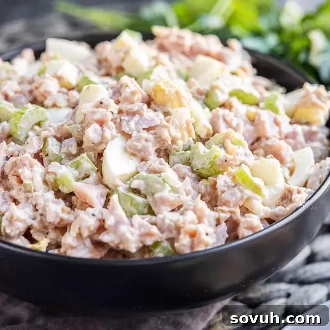 A pristine white bowl filled with creamy Keto Ham Salad, beautifully garnished and ready to be served, perfect for a light and flavorful meal.