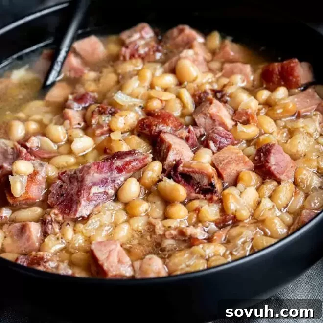 A generous bowl of Navy Bean Soup with a spoon, garnished with fresh parsley, highlighting its rich and hearty texture.