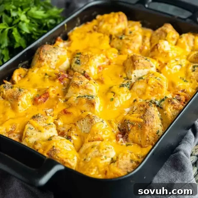 Chicken Bacon Ranch Casserole in a black casserole dish
