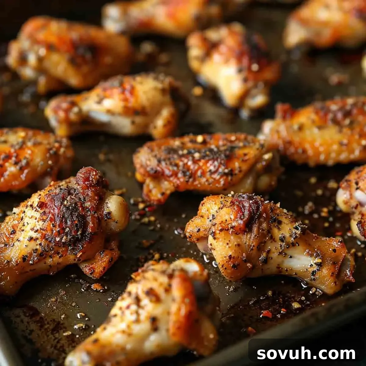 Crispy Old Bay Wings perfectly seasoned on a baking sheet, ready to be served for a game day appetizer or party food.
