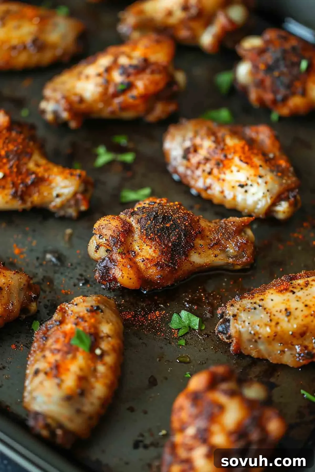 A batch of freshly cooked, golden-brown Old Bay Wings on a baking sheet, garnished for serving.
