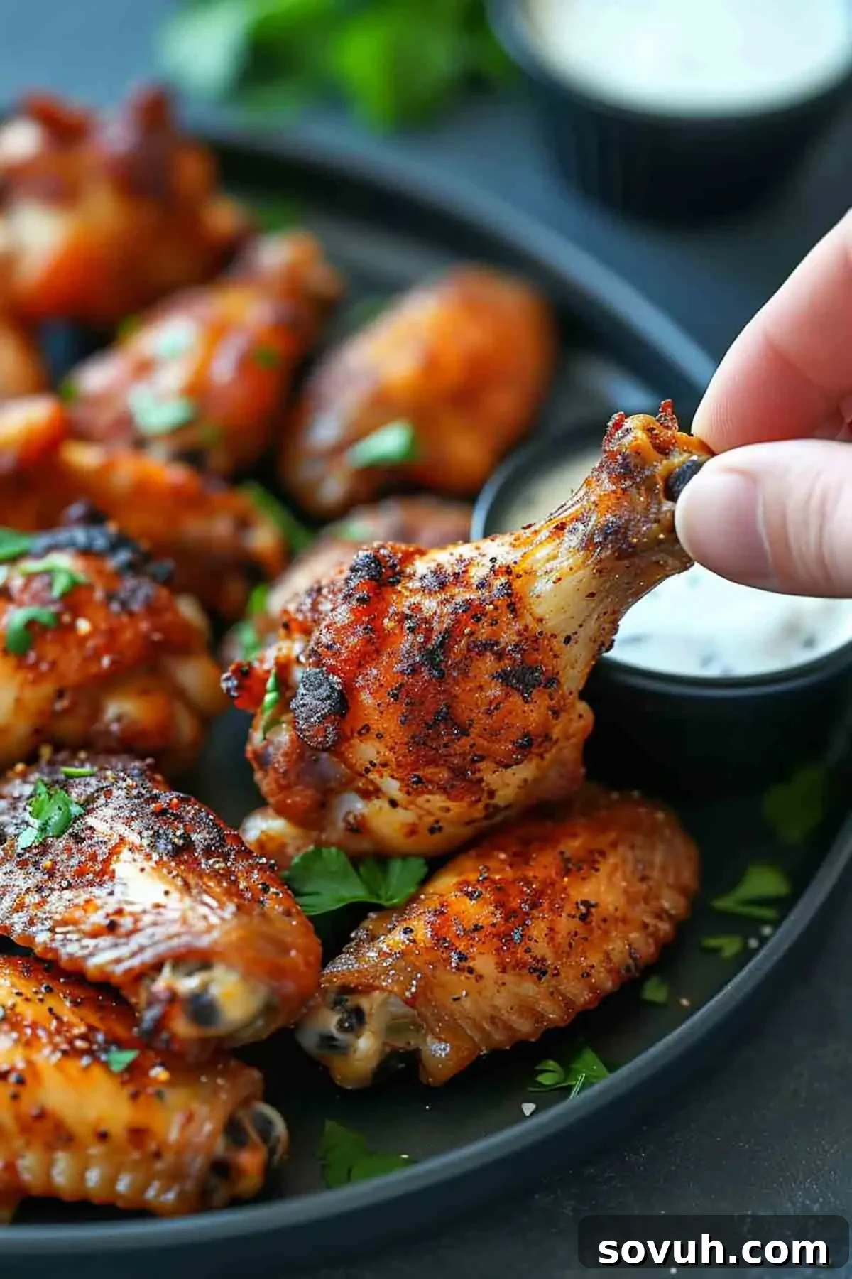 A hand dipping a crispy Old Bay Wing into a creamy white sauce on a black plate.