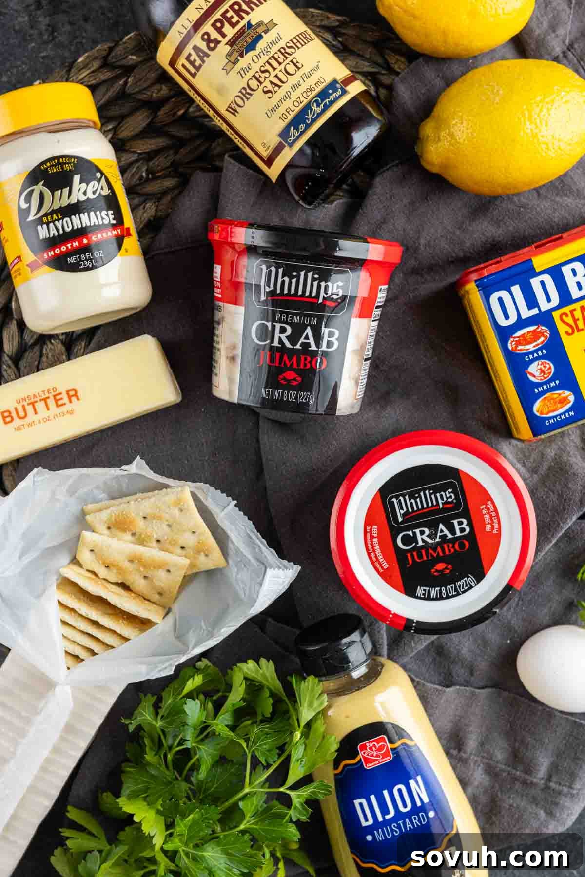 The ingredients for a Maryland Crab Cakes laid out on a table.