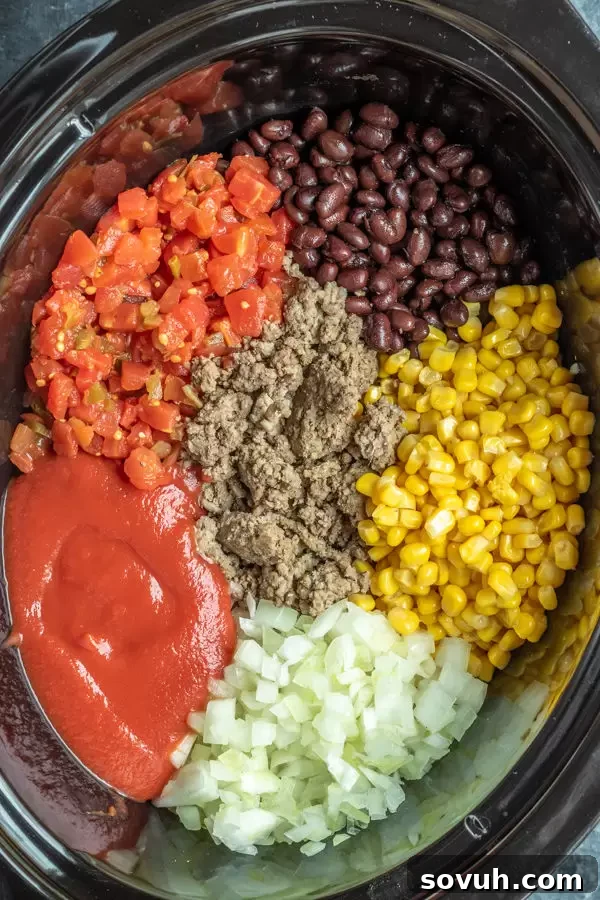 Step-by-step image showcasing how to prepare Slow Cooker Taco Soup ingredients.